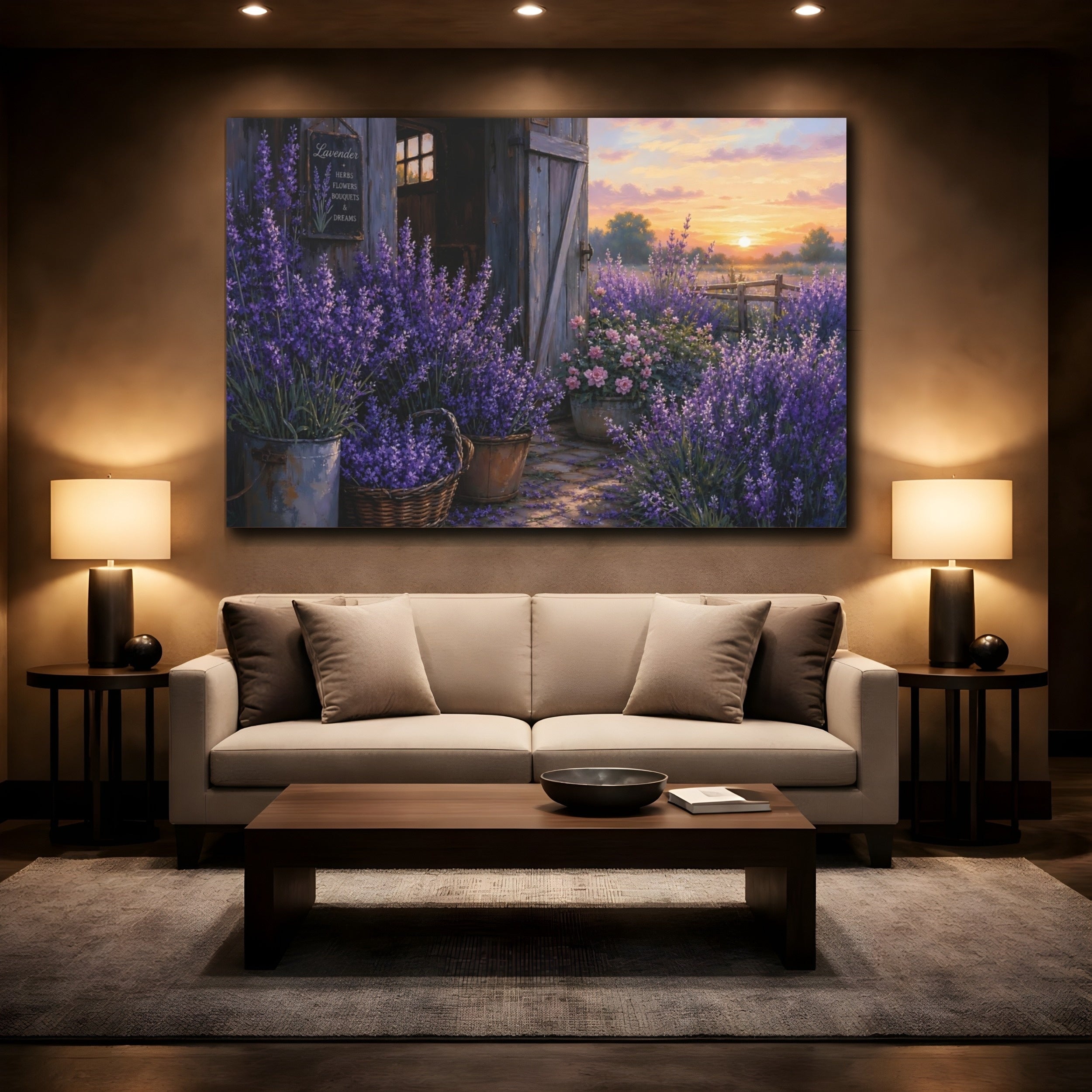 Mockup 2. Noir Botanical Painting Lavender Along Barn Doorway During Early Dawn shown as stretched canvas wall art