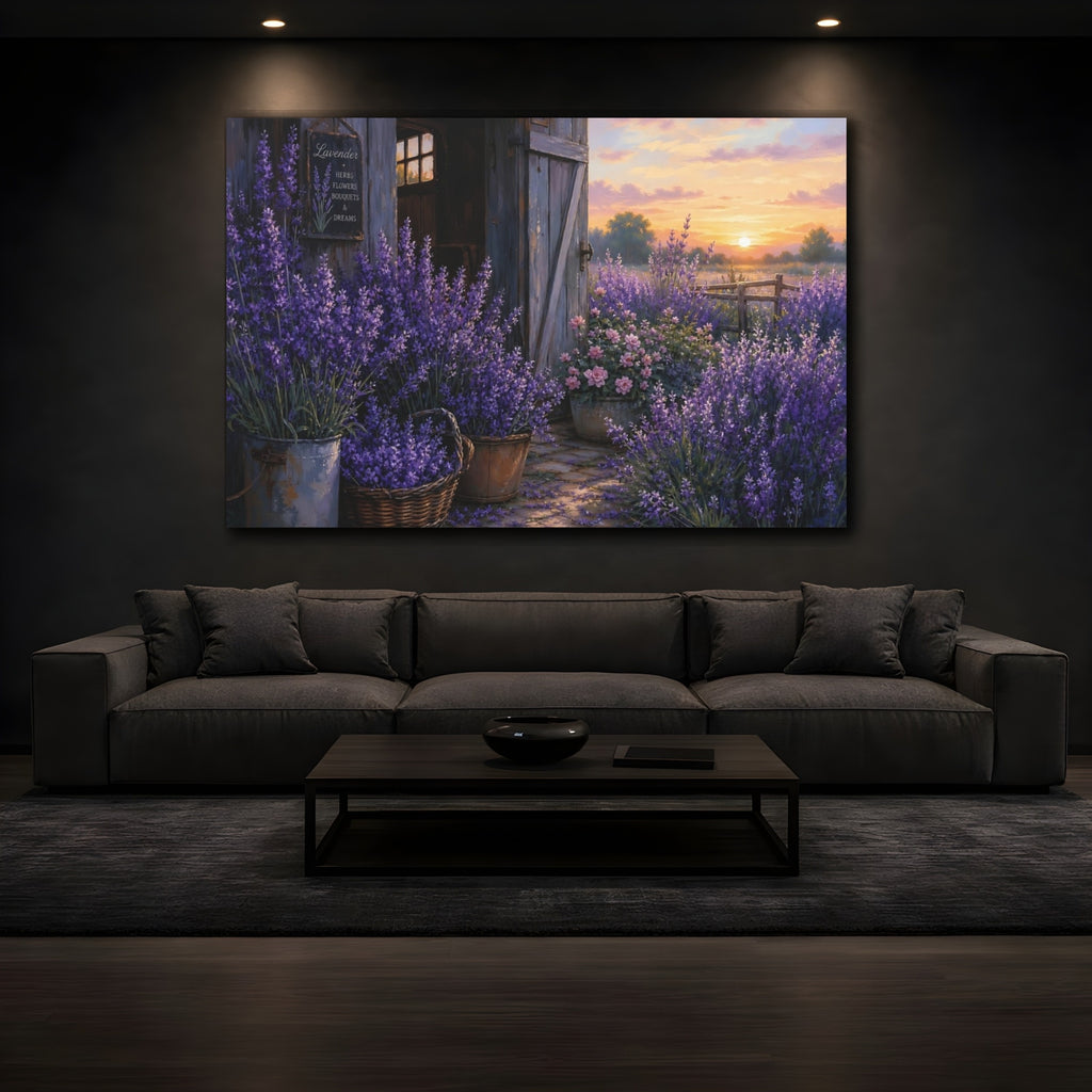 Mockup 3. Noir Botanical Painting Lavender Along Barn Doorway During Early Dawn shown as stretched canvas wall art