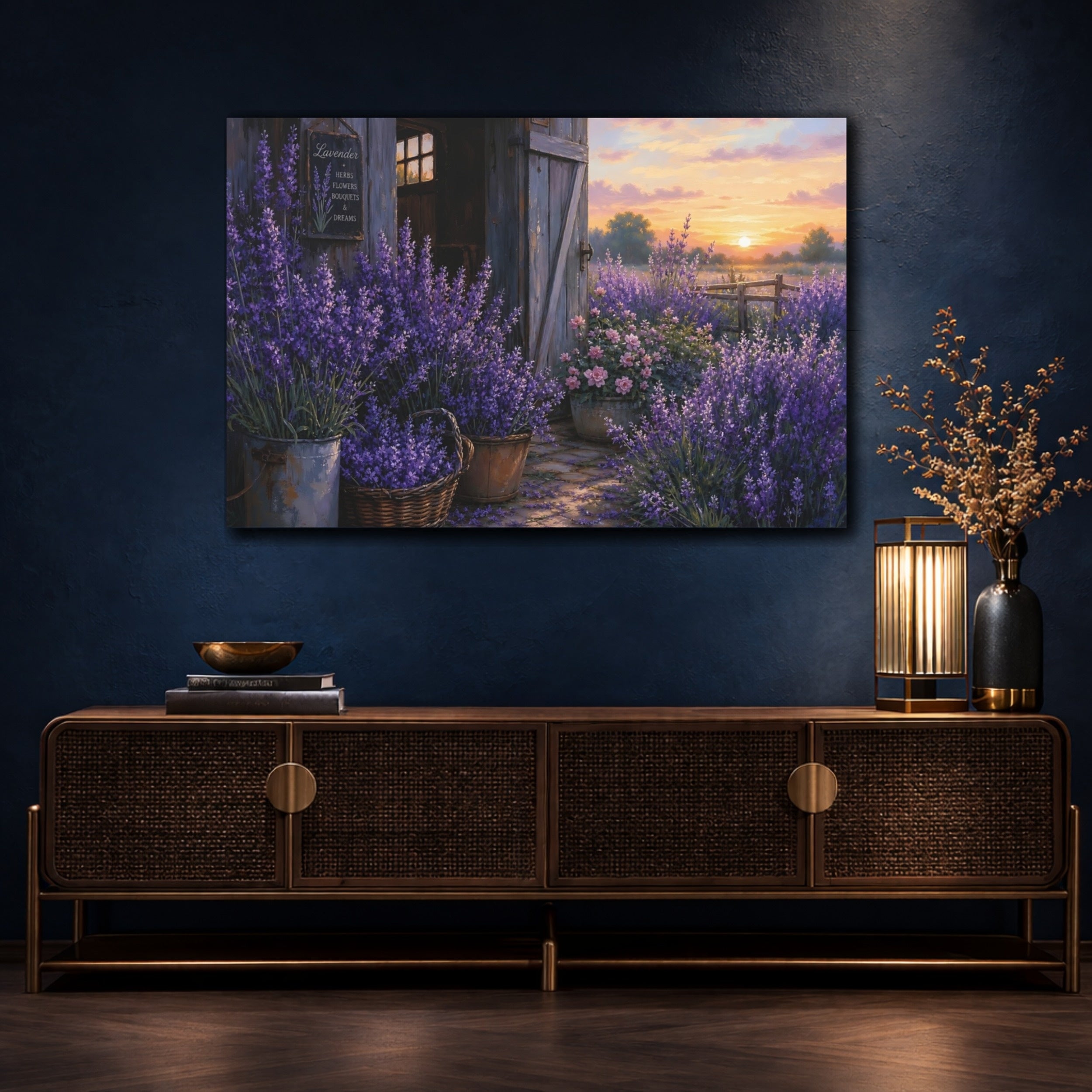 Mockup 4. Noir Botanical Painting Lavender Along Barn Doorway During Early Dawn shown as stretched canvas wall art