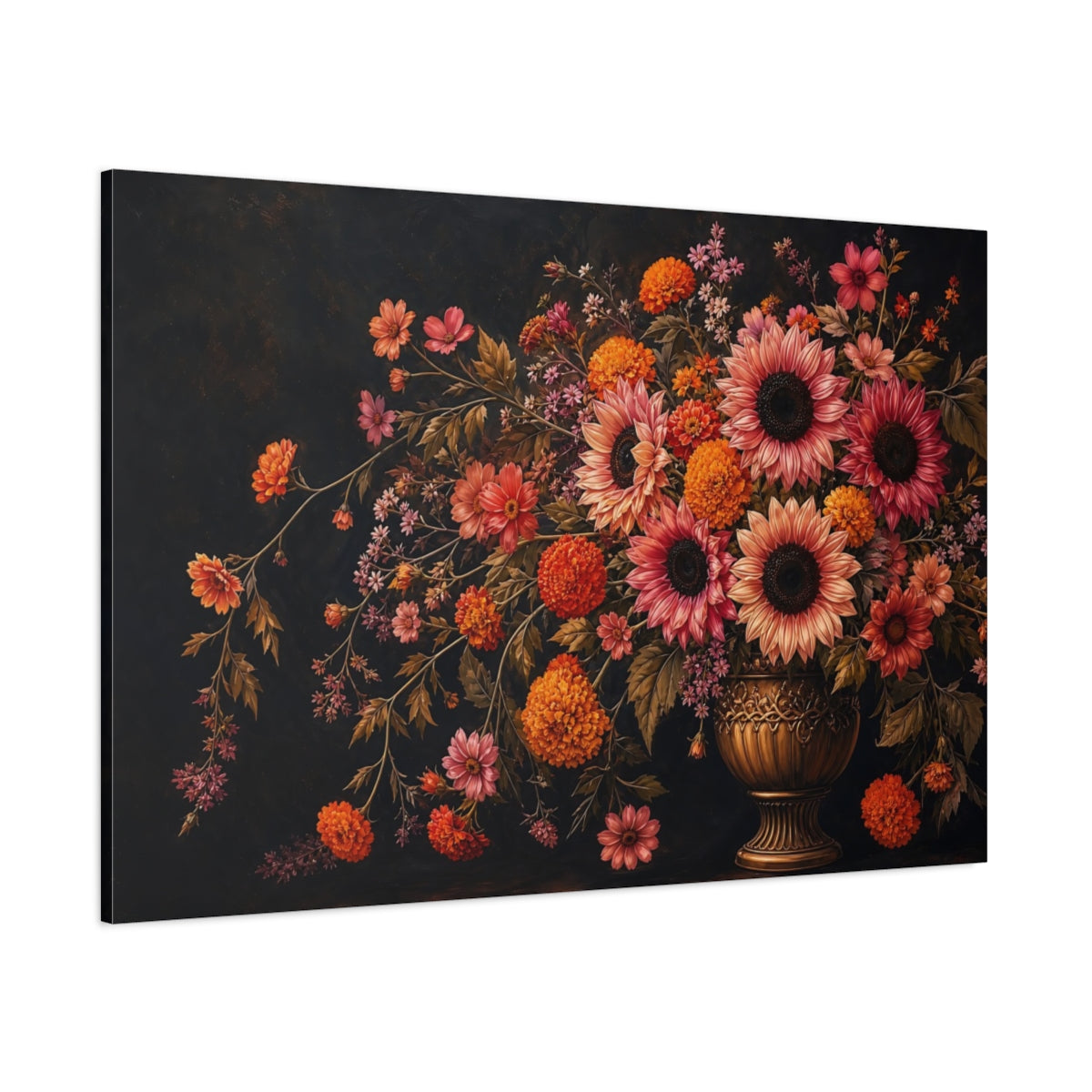 Side Mockup 1. Noir Botanical Painting Pink And Apricot Sunflowers Marigolds In Brass Urn shown as stretched canvas wall art