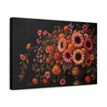 Side Mockup 4. Noir Botanical Painting Pink And Apricot Sunflowers Marigolds In Brass Urn shown as stretched canvas wall art