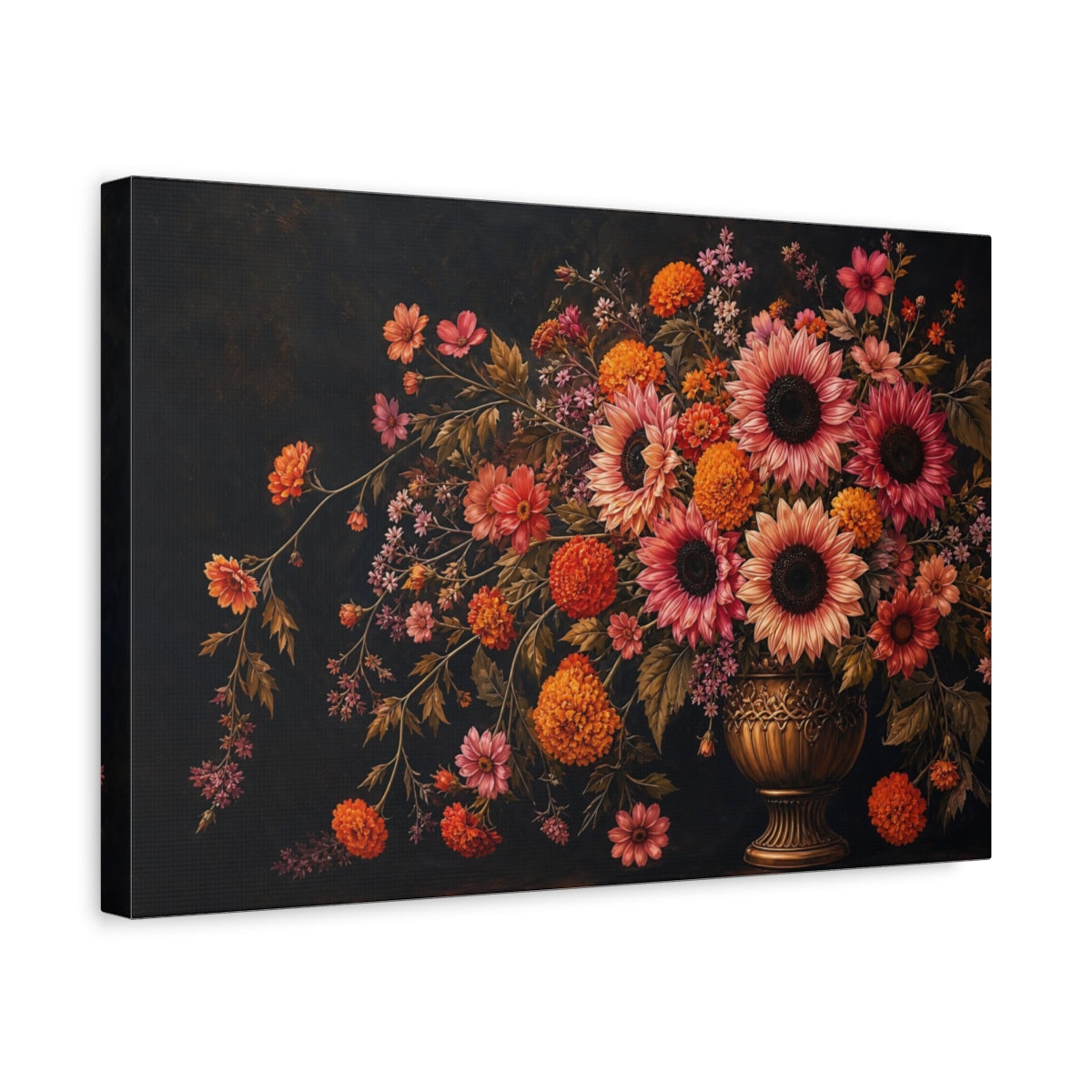 Side Mockup 4. Noir Botanical Painting Pink And Apricot Sunflowers Marigolds In Brass Urn shown as stretched canvas wall art