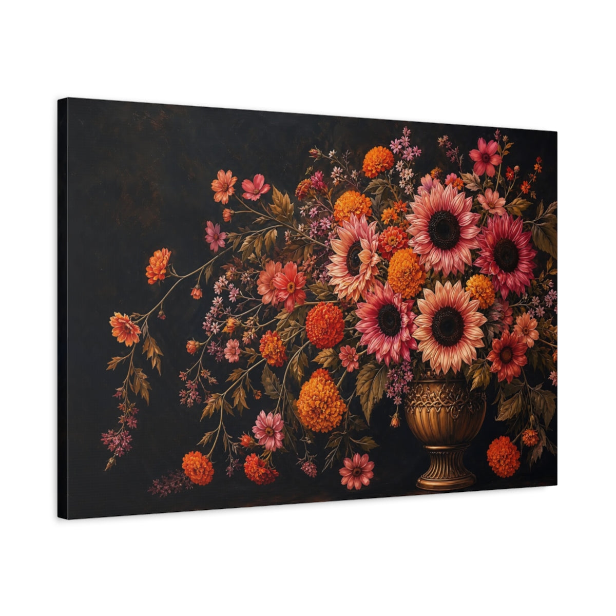 Side Mockup 2. Noir Botanical Painting Pink And Apricot Sunflowers Marigolds In Brass Urn shown as stretched canvas wall art