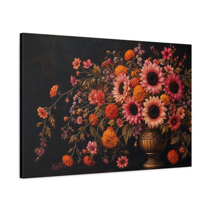 Main Mockup. Noir Botanical Painting Pink And Apricot Sunflowers Marigolds In Brass Urn shown as stretched canvas wall art