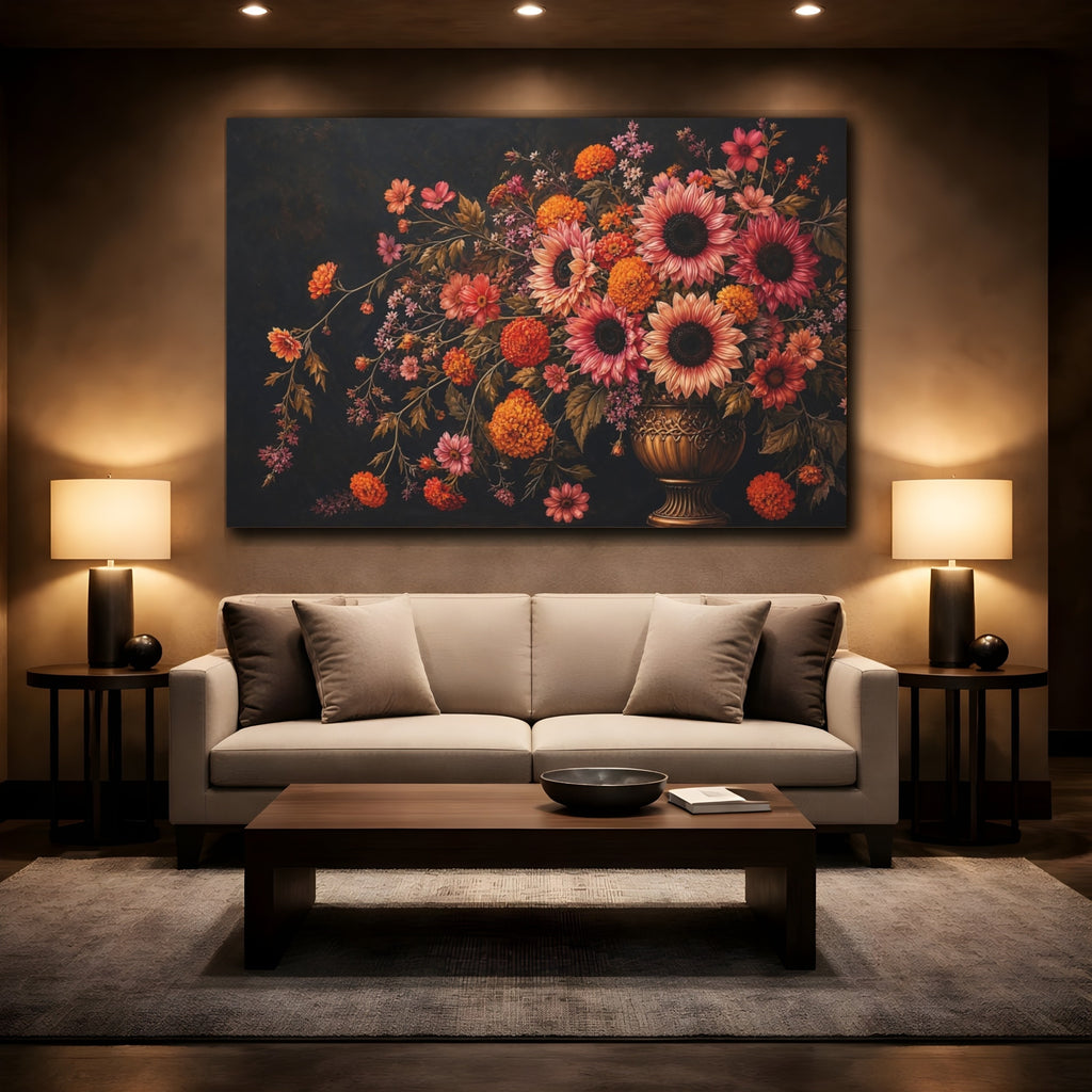 Mockup 2. Noir Botanical Painting Pink And Apricot Sunflowers Marigolds In Brass Urn shown as stretched canvas wall art