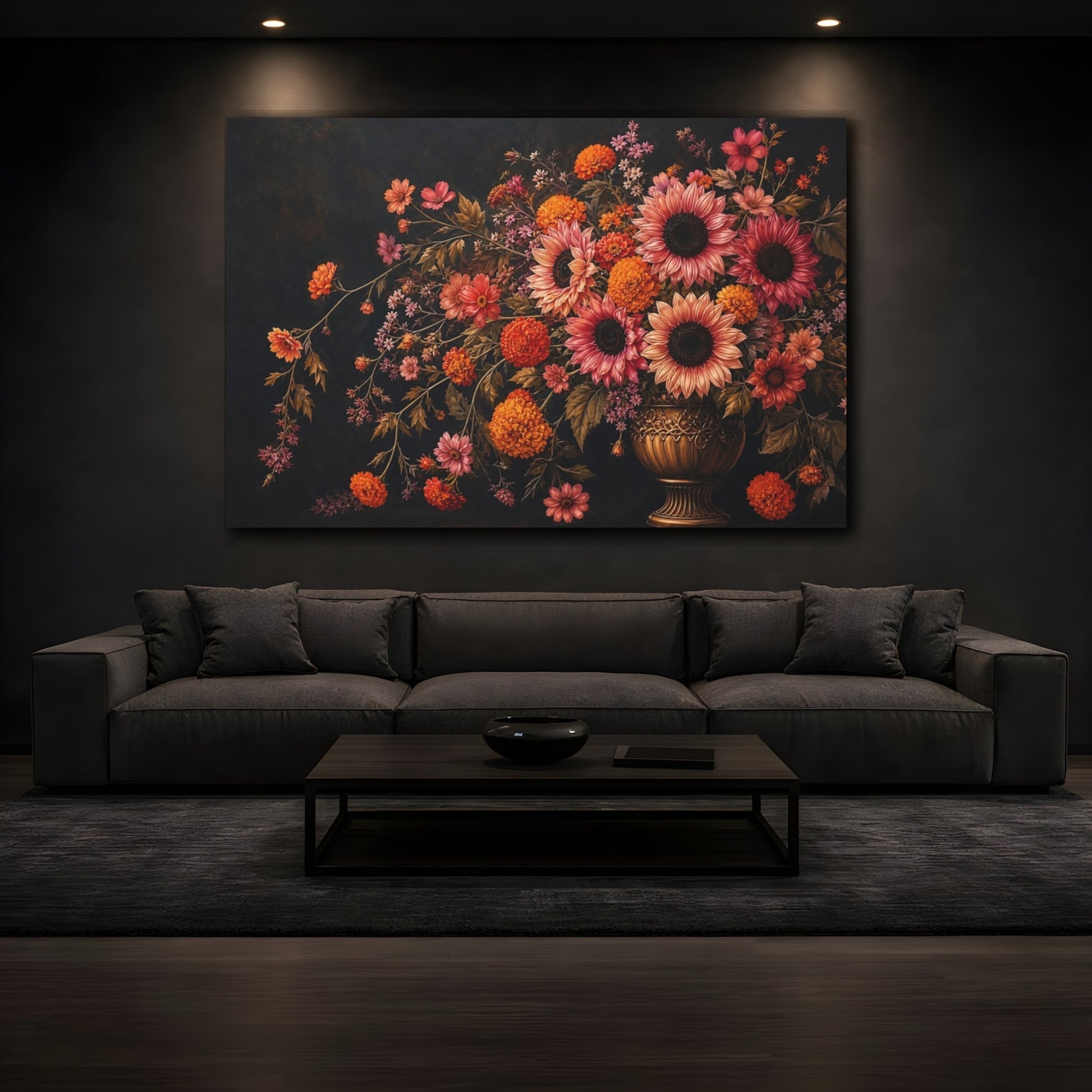 Mockup 3. Noir Botanical Painting Pink And Apricot Sunflowers Marigolds In Brass Urn shown as stretched canvas wall art