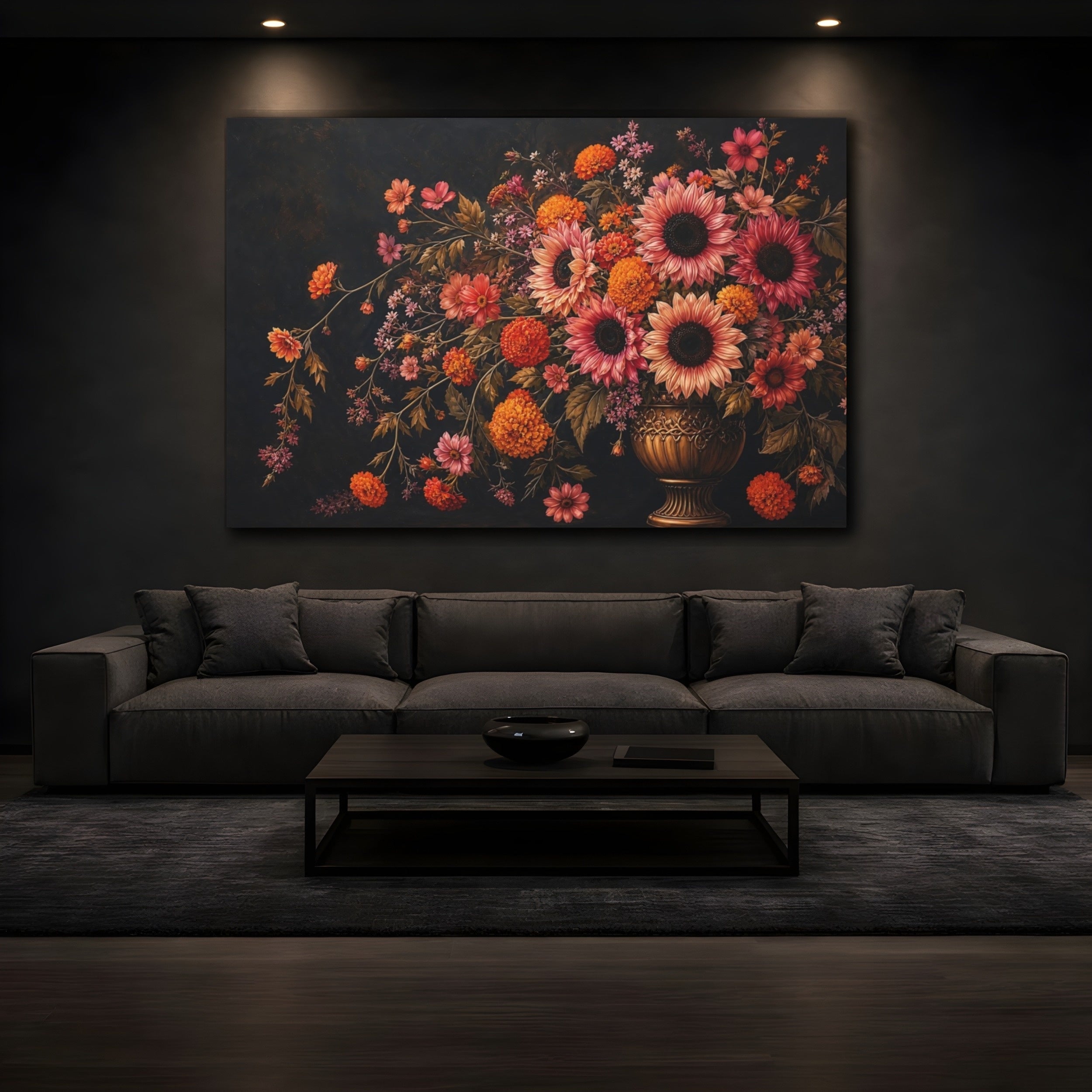 Mockup 3. Noir Botanical Painting Pink And Apricot Sunflowers Marigolds In Brass Urn shown as stretched canvas wall art