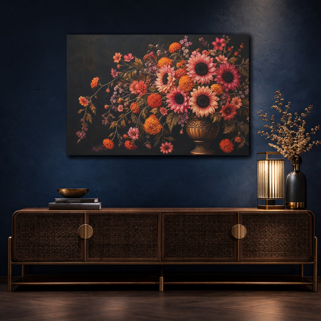 Mockup 4. Noir Botanical Painting Pink And Apricot Sunflowers Marigolds In Brass Urn shown as stretched canvas wall art