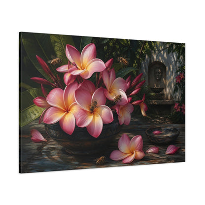 Side Mockup 1. Noir Botanical Painting Pink Plumeria With Honey Bees Near Shaded Courtyard shown as stretched canvas wall art