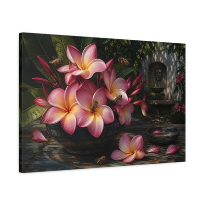 Side Mockup 2. Noir Botanical Painting Pink Plumeria With Honey Bees Near Shaded Courtyard shown as stretched canvas wall art