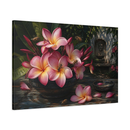 Main Mockup. Noir Botanical Painting Pink Plumeria With Honey Bees Near Shaded Courtyard shown as stretched canvas wall art