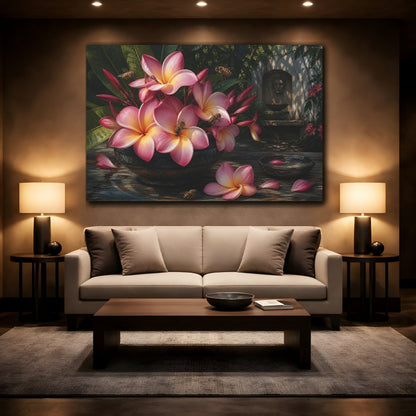 Mockup 2. Noir Botanical Painting Pink Plumeria With Honey Bees Near Shaded Courtyard shown as stretched canvas wall art