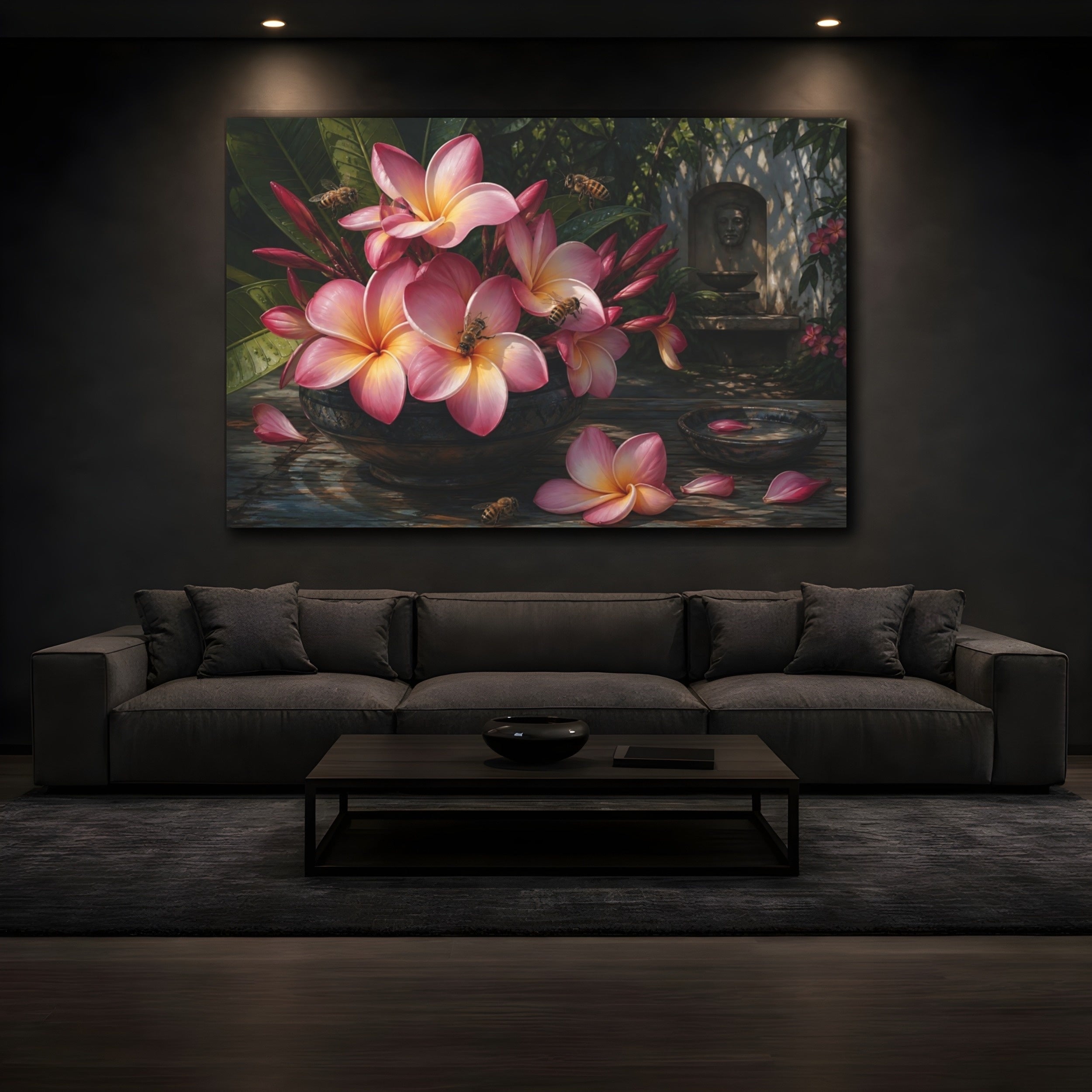 Mockup 3. Noir Botanical Painting Pink Plumeria With Honey Bees Near Shaded Courtyard shown as stretched canvas wall art