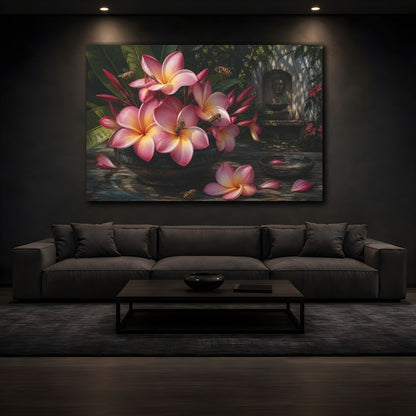 Mockup 3. Noir Botanical Painting Pink Plumeria With Honey Bees Near Shaded Courtyard shown as stretched canvas wall art