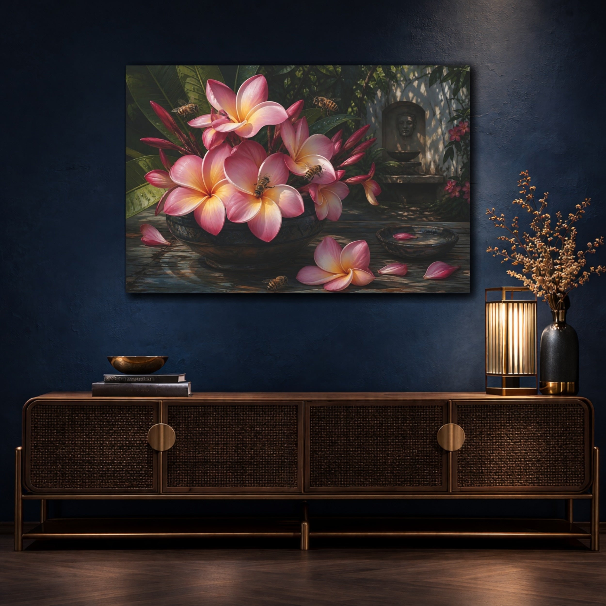 Mockup 4. Noir Botanical Painting Pink Plumeria With Honey Bees Near Shaded Courtyard shown as stretched canvas wall art