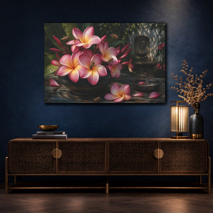 Mockup 4. Noir Botanical Painting Pink Plumeria With Honey Bees Near Shaded Courtyard shown as stretched canvas wall art
