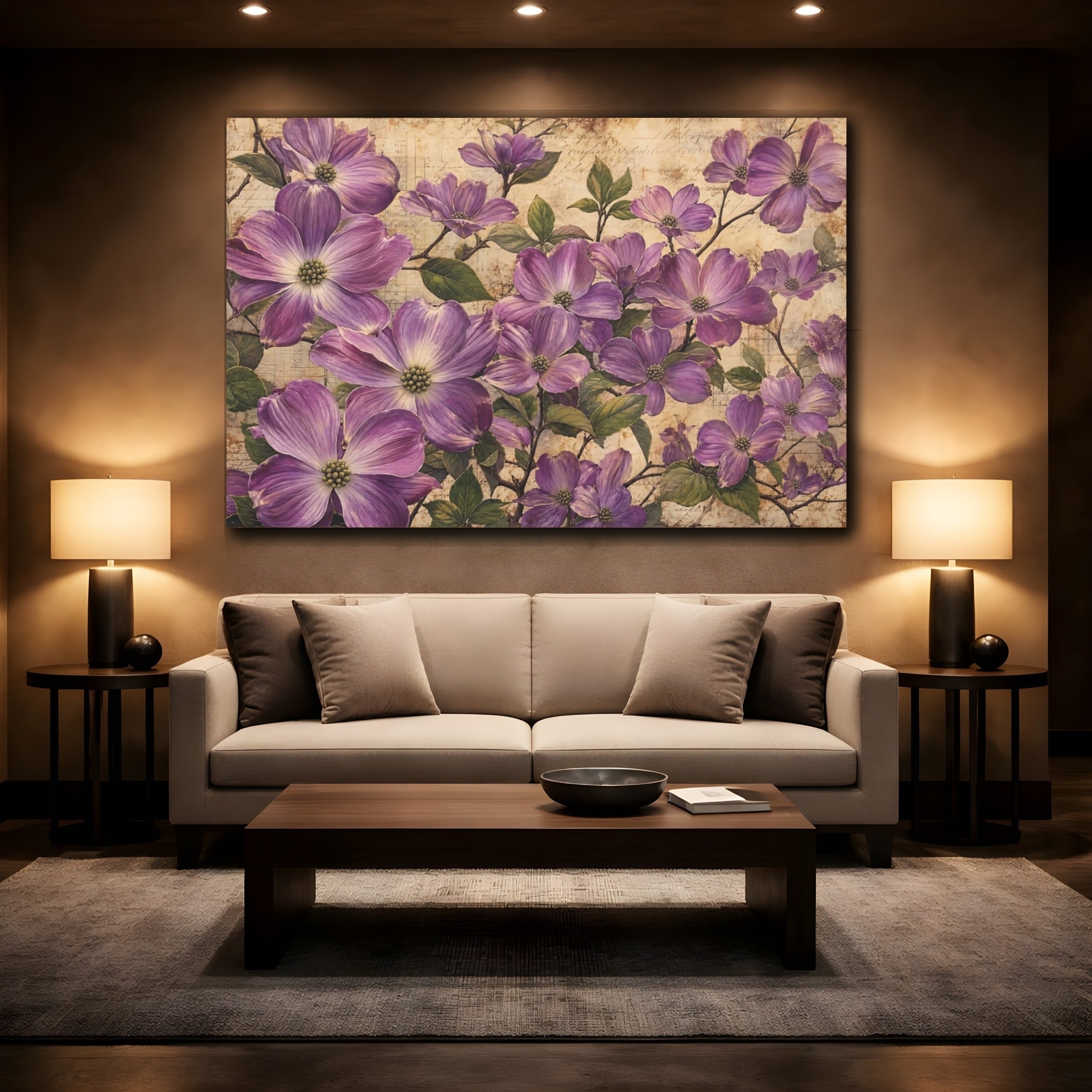 Mockup 2. Noir Botanical Painting Purple Dogwood Blossoms Against Aged Paper shown as stretched canvas wall art