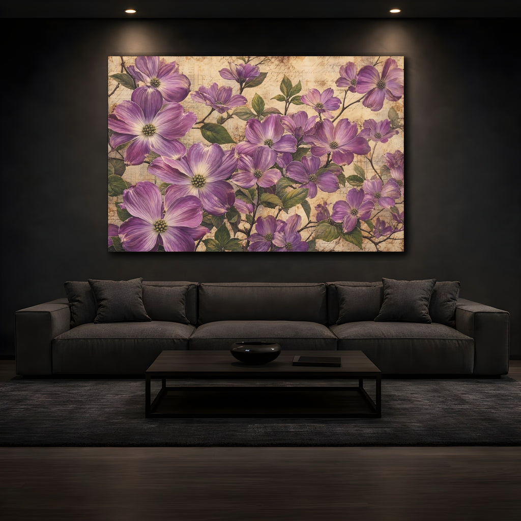 Mockup 3. Noir Botanical Painting Purple Dogwood Blossoms Against Aged Paper shown as stretched canvas wall art