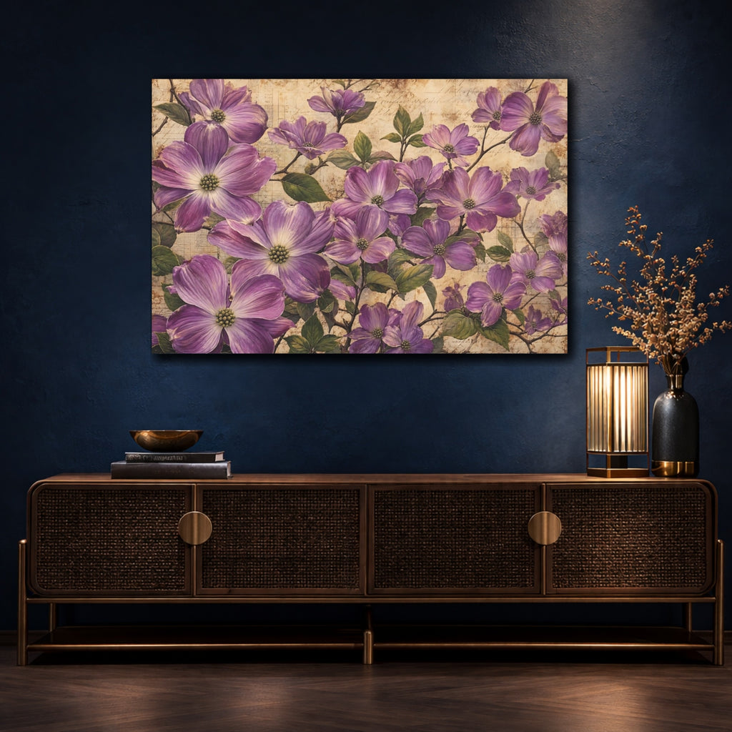 Mockup 4. Noir Botanical Painting Purple Dogwood Blossoms Against Aged Paper shown as stretched canvas wall art