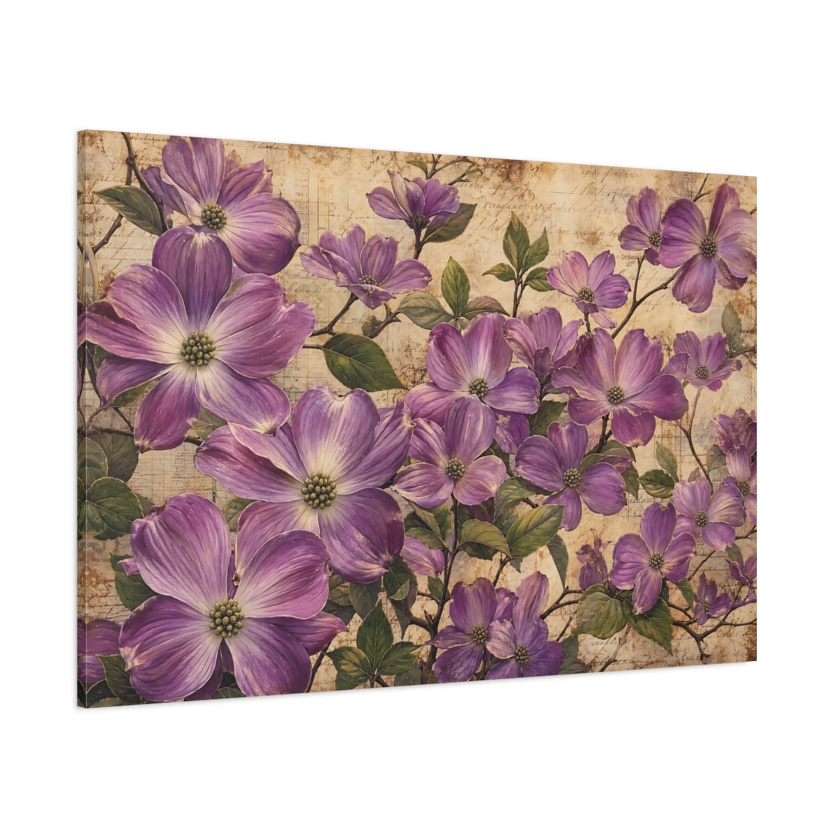 Side Mockup 1. Noir Botanical Painting Purple Dogwood Blossoms Against Aged Paper shown as stretched canvas wall art