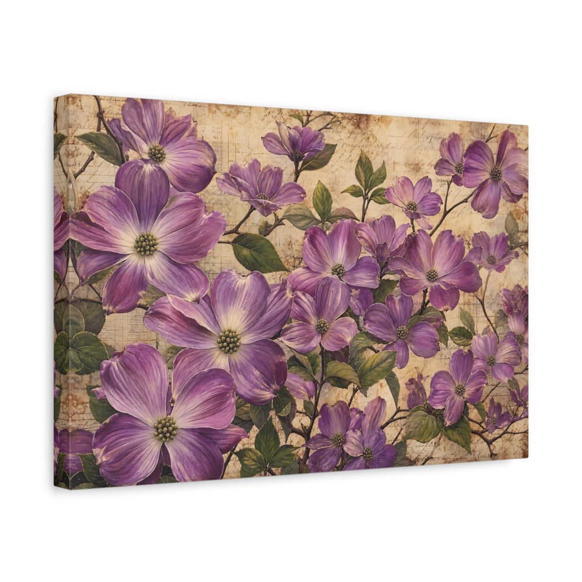 Side Mockup 4. Noir Botanical Painting Purple Dogwood Blossoms Against Aged Paper shown as stretched canvas wall art