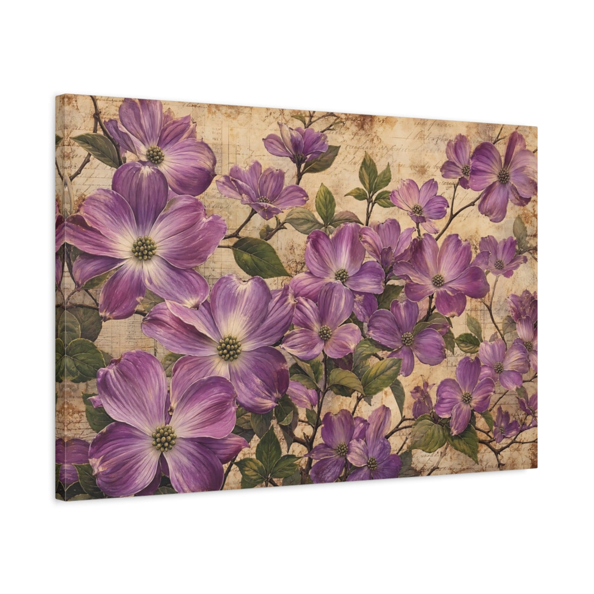 Side Mockup 2. Noir Botanical Painting Purple Dogwood Blossoms Against Aged Paper shown as stretched canvas wall art