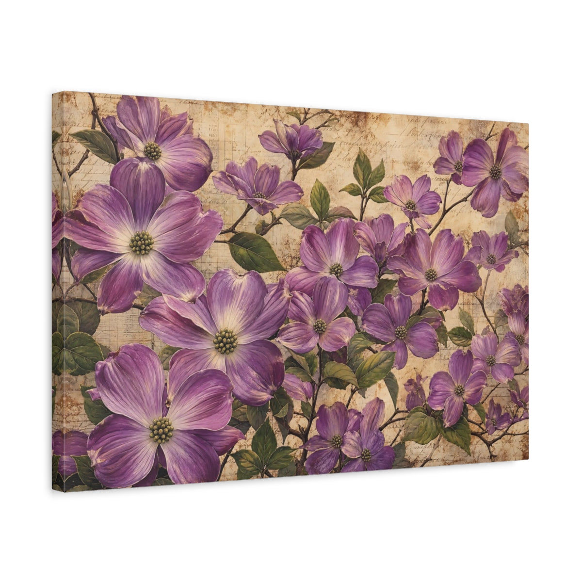 Side Mockup 3. Noir Botanical Painting Purple Dogwood Blossoms Against Aged Paper shown as stretched canvas wall art