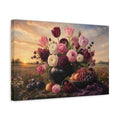 Side Mockup 4. Noir Botanical Painting Tulips And Ranunculus In Morning Light With Fruit Bowl shown as stretched canvas wall art