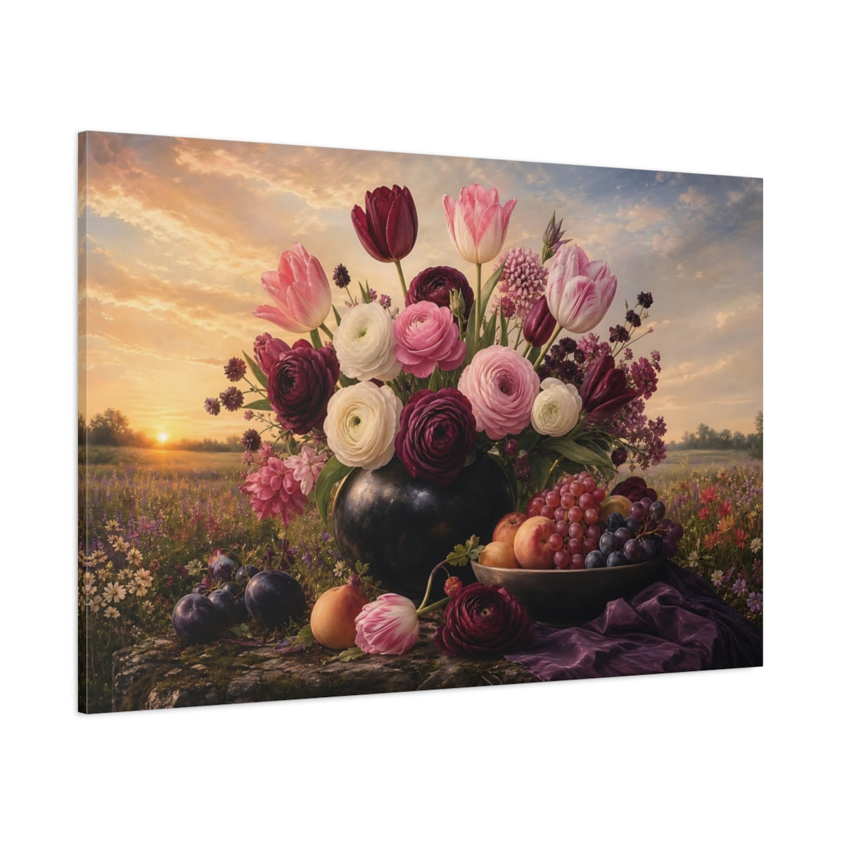 Side Mockup 1. Noir Botanical Painting Tulips And Ranunculus In Morning Light With Fruit Bowl shown as stretched canvas wall art