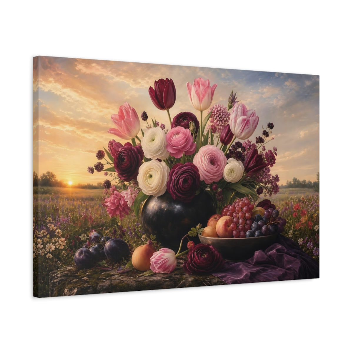 Side Mockup 2. Noir Botanical Painting Tulips And Ranunculus In Morning Light With Fruit Bowl shown as stretched canvas wall art