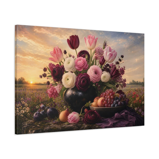 Main Mockup. Noir Botanical Painting Tulips And Ranunculus In Morning Light With Fruit Bowl shown as stretched canvas wall art