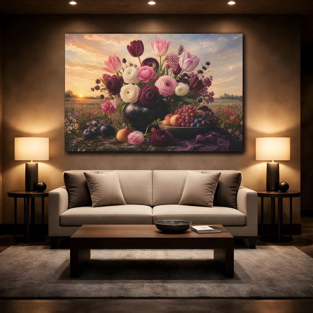 Mockup 2. Noir Botanical Painting Tulips And Ranunculus In Morning Light With Fruit Bowl shown as stretched canvas wall art