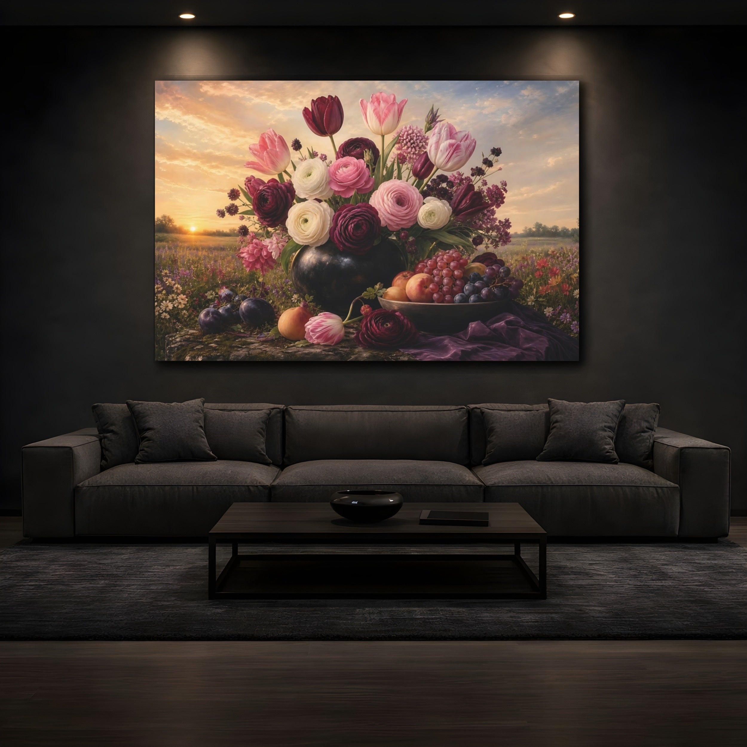 Mockup 3. Noir Botanical Painting Tulips And Ranunculus In Morning Light With Fruit Bowl shown as stretched canvas wall art