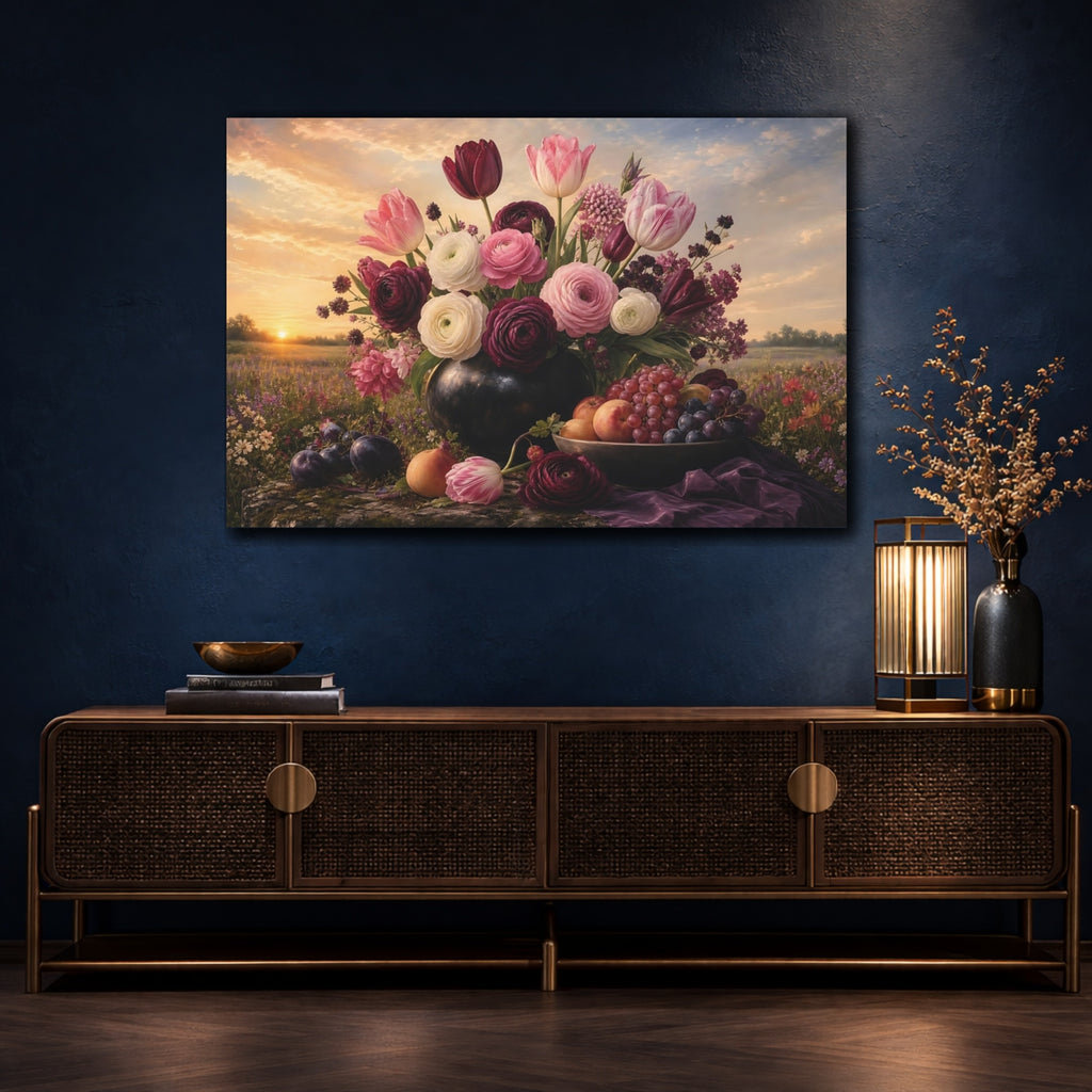 Mockup 4. Noir Botanical Painting Tulips And Ranunculus In Morning Light With Fruit Bowl shown as stretched canvas wall art