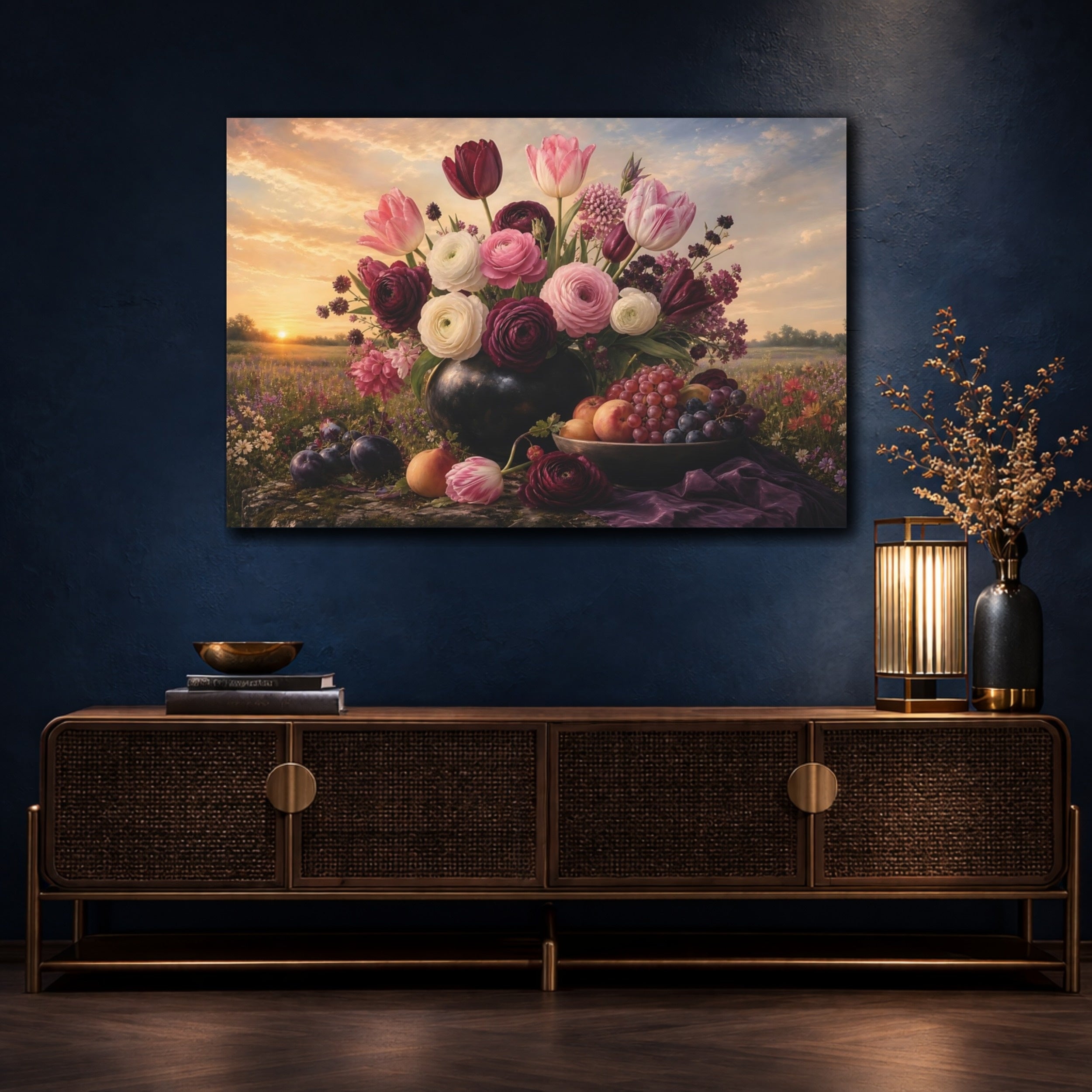 Mockup 4. Noir Botanical Painting Tulips And Ranunculus In Morning Light With Fruit Bowl shown as stretched canvas wall art