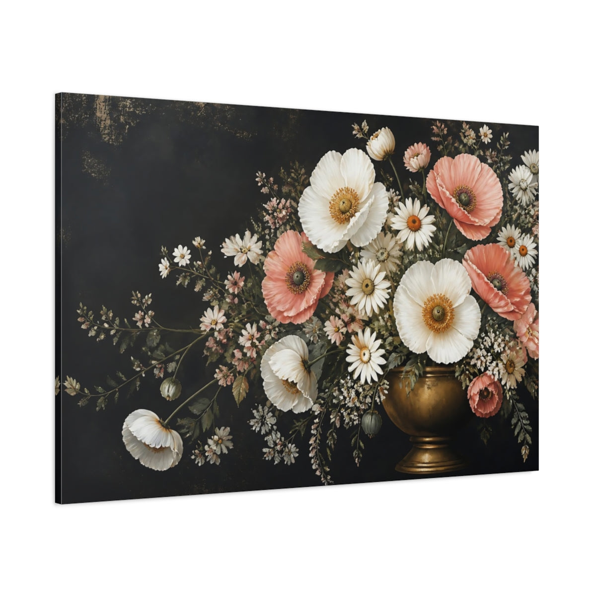 Side Mockup 1. Noir Botanical Painting White And Blush Poppies Daisies In Brass Urn shown as stretched canvas wall art