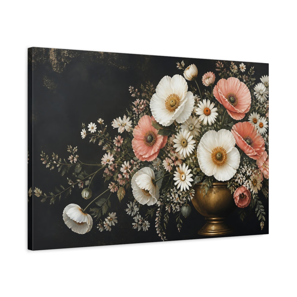Side Mockup 2. Noir Botanical Painting White And Blush Poppies Daisies In Brass Urn shown as stretched canvas wall art