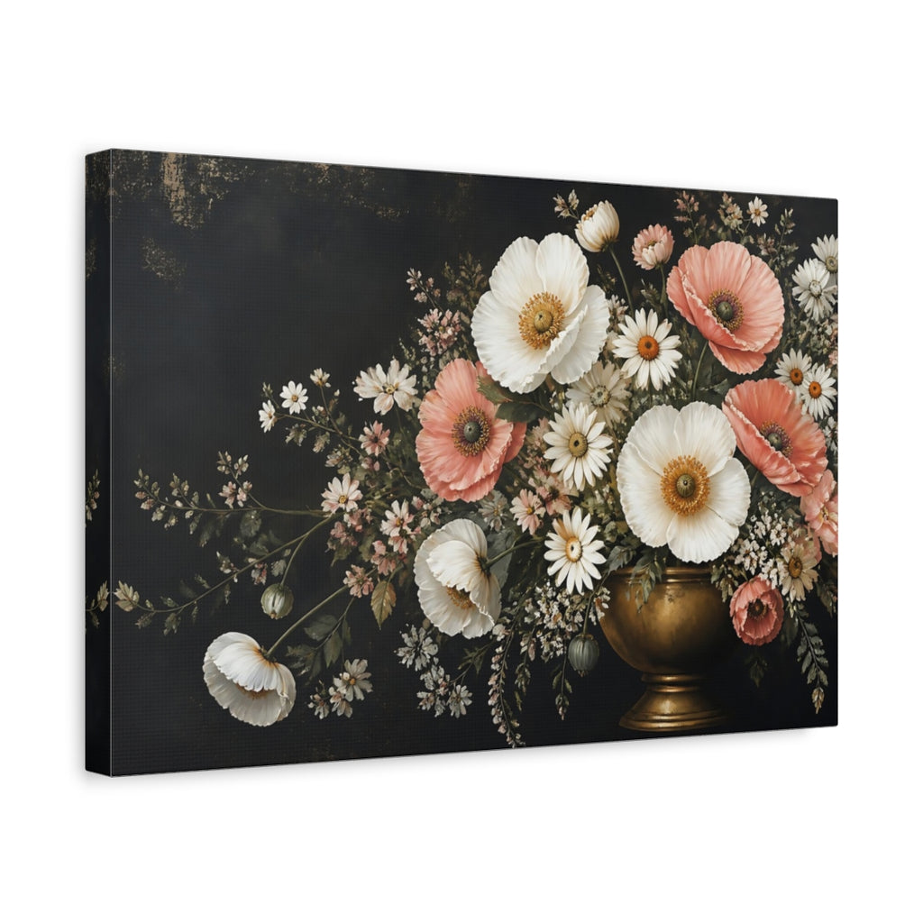 Side Mockup 4. Noir Botanical Painting White And Blush Poppies Daisies In Brass Urn shown as stretched canvas wall art