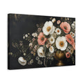 Side Mockup 4. Noir Botanical Painting White And Blush Poppies Daisies In Brass Urn shown as stretched canvas wall art