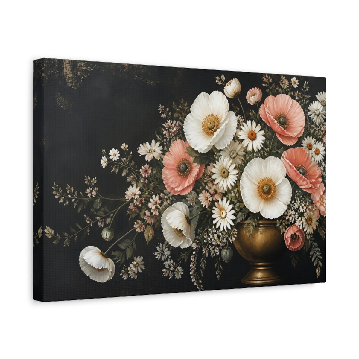Side Mockup 4. Noir Botanical Painting White And Blush Poppies Daisies In Brass Urn shown as stretched canvas wall art