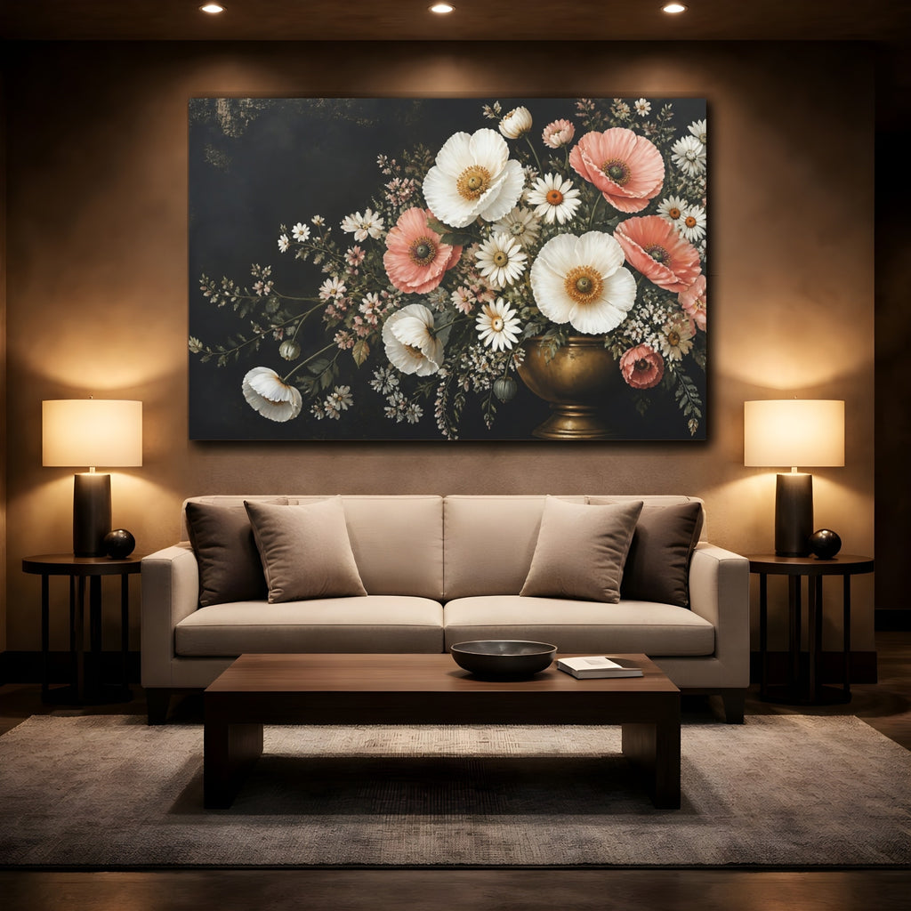 Mockup 2. Noir Botanical Painting White And Blush Poppies Daisies In Brass Urn shown as stretched canvas wall art