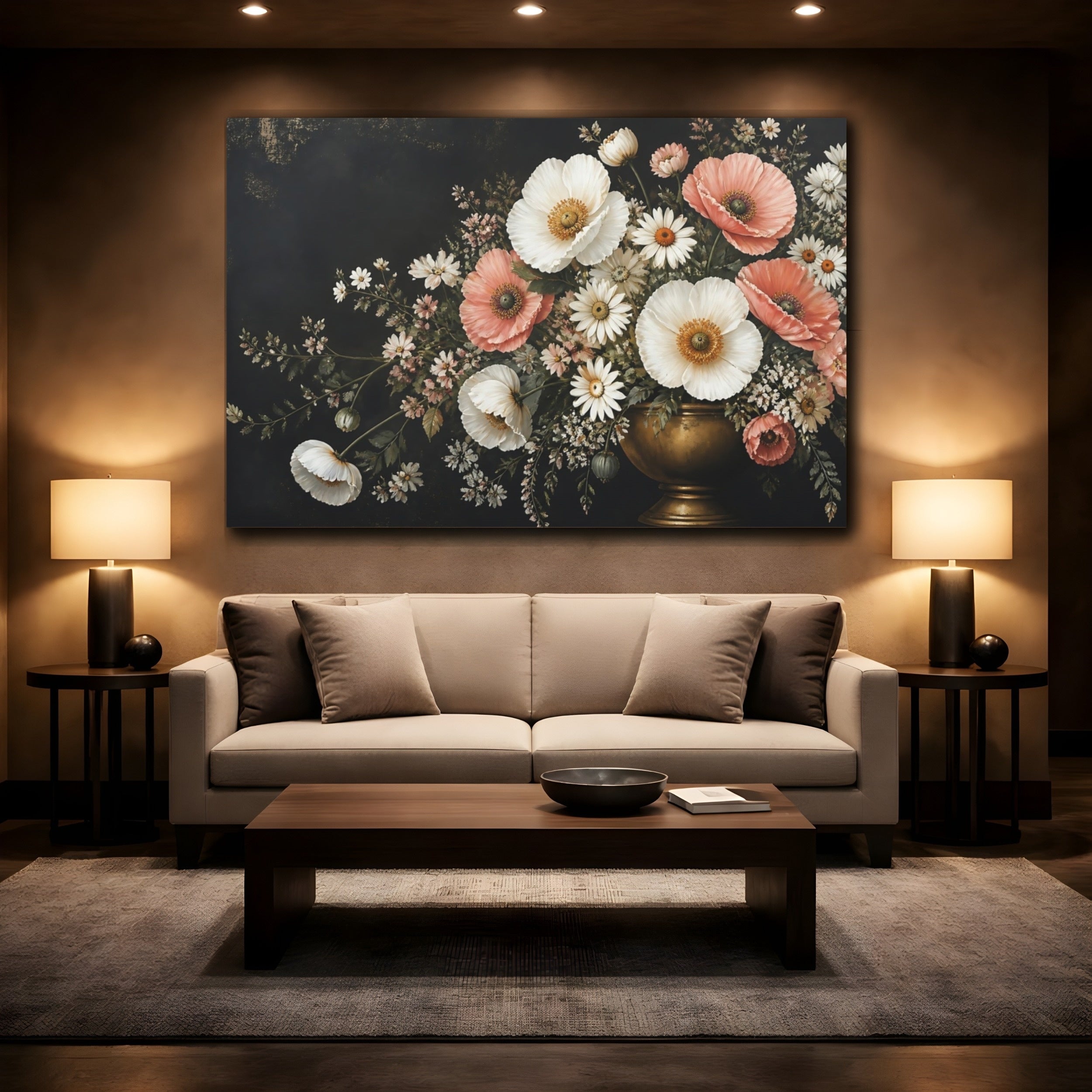 Mockup 2. Noir Botanical Painting White And Blush Poppies Daisies In Brass Urn shown as stretched canvas wall art