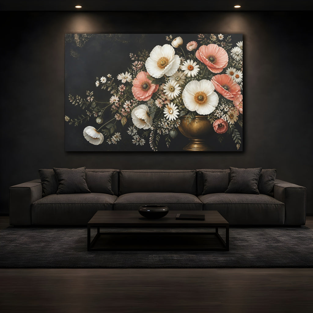 Mockup 3. Noir Botanical Painting White And Blush Poppies Daisies In Brass Urn shown as stretched canvas wall art