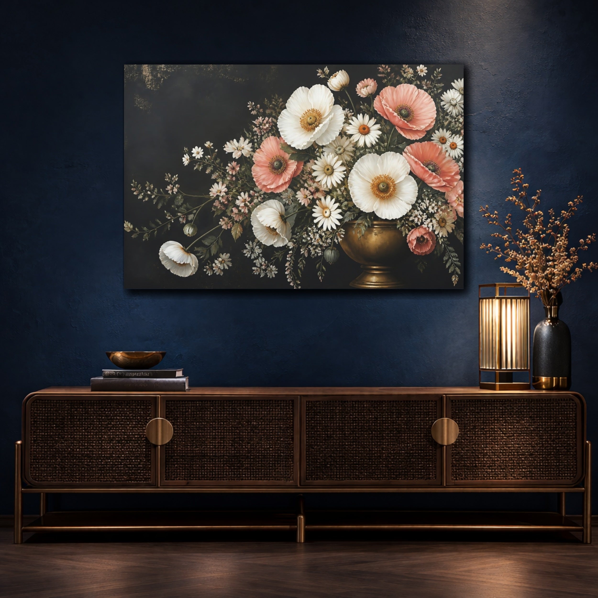 Mockup 4. Noir Botanical Painting White And Blush Poppies Daisies In Brass Urn shown as stretched canvas wall art