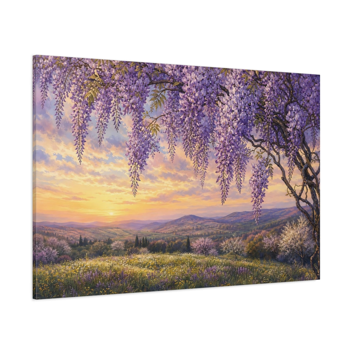 Side Mockup 1. Noir Botanical Painting Wisteria Vines Above Spring Hillside In Late Afternoon shown as stretched canvas wall art
