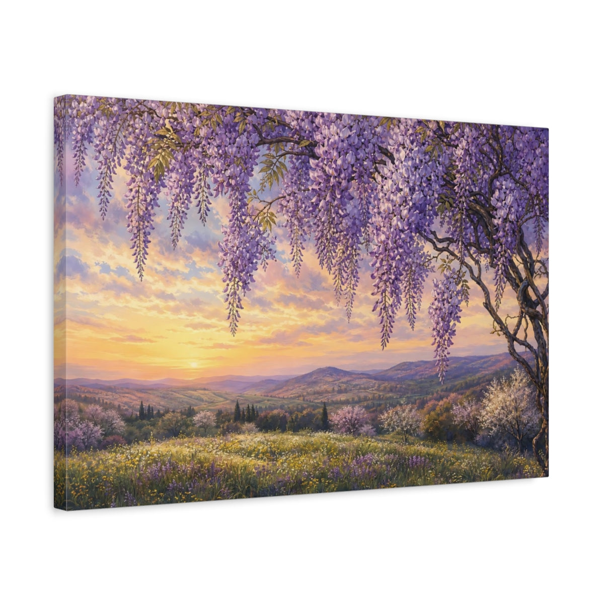 Side Mockup 3. Noir Botanical Painting Wisteria Vines Above Spring Hillside In Late Afternoon shown as stretched canvas wall art
