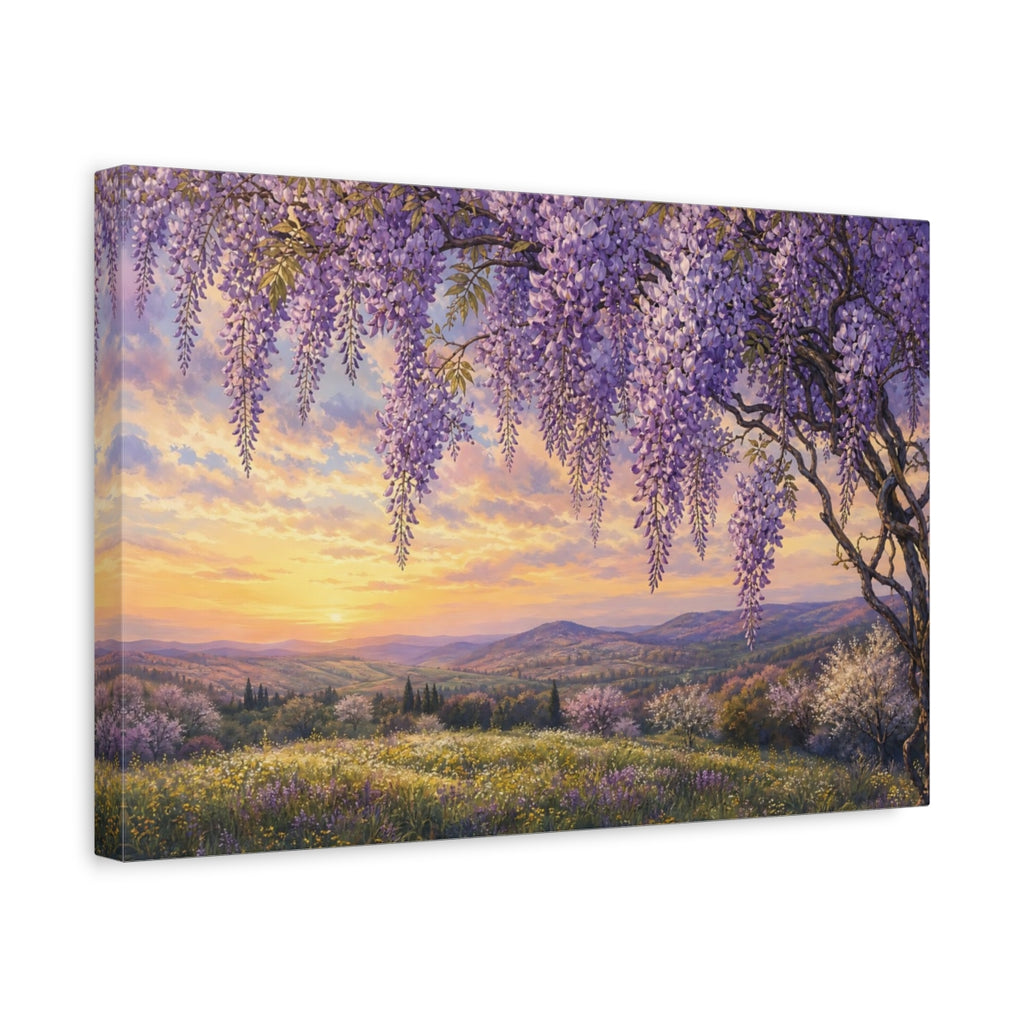 Side Mockup 4. Noir Botanical Painting Wisteria Vines Above Spring Hillside In Late Afternoon shown as stretched canvas wall art
