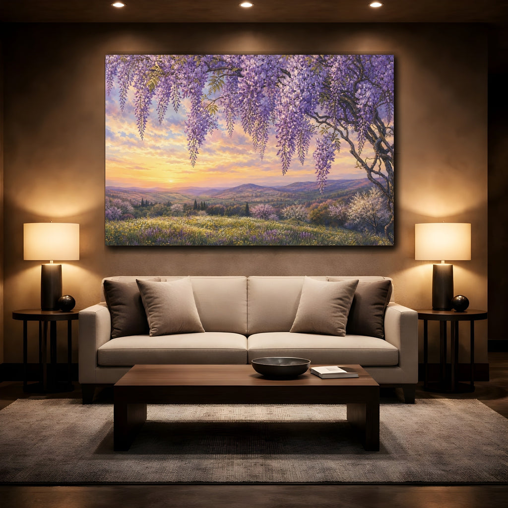 Mockup 2. Noir Botanical Painting Wisteria Vines Above Spring Hillside In Late Afternoon shown as stretched canvas wall art