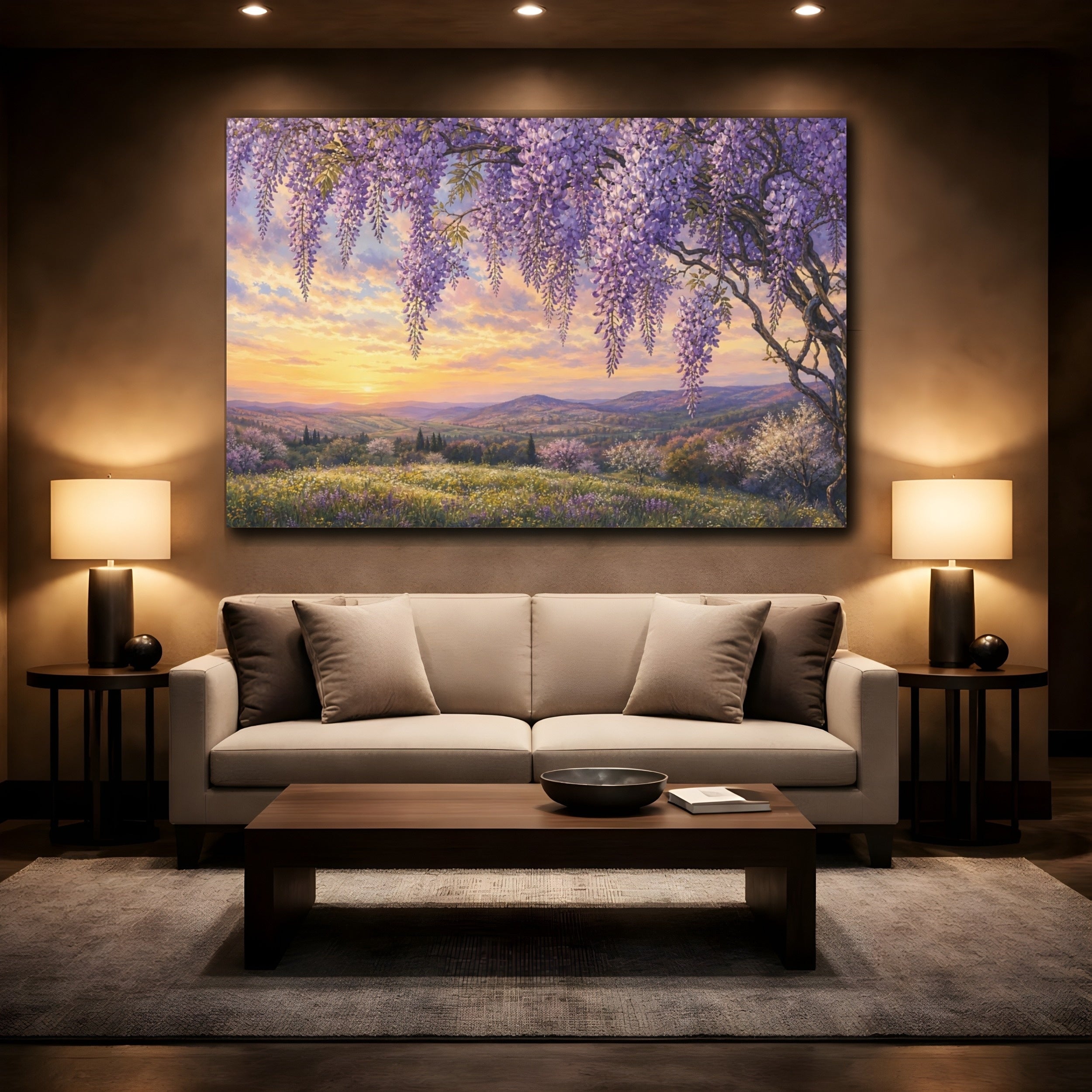 Mockup 2. Noir Botanical Painting Wisteria Vines Above Spring Hillside In Late Afternoon shown as stretched canvas wall art
