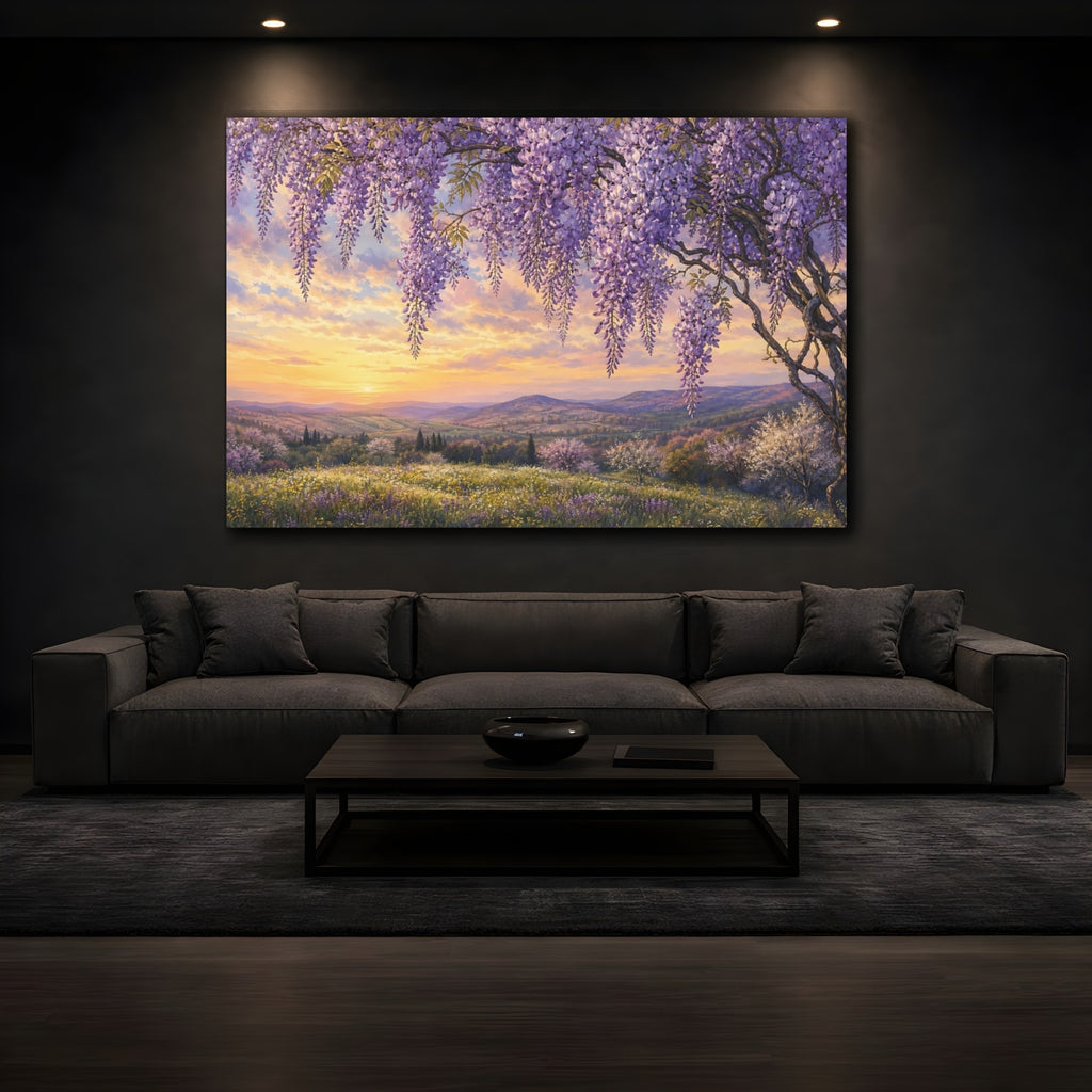 Mockup 3. Noir Botanical Painting Wisteria Vines Above Spring Hillside In Late Afternoon shown as stretched canvas wall art